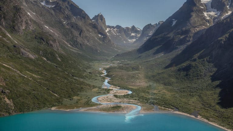 The Qingua valley and the river running into the almost fjord-like Tasersuaq Lake near Nanortalik, seen during the Greenland Adventure cruise by land, sea and air.