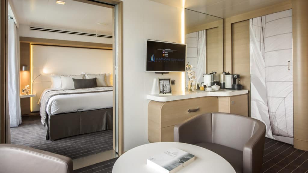 Prestige Suite with king bed aboard Le Soleal.  Photo by: Francois Lefebvre/Ponant