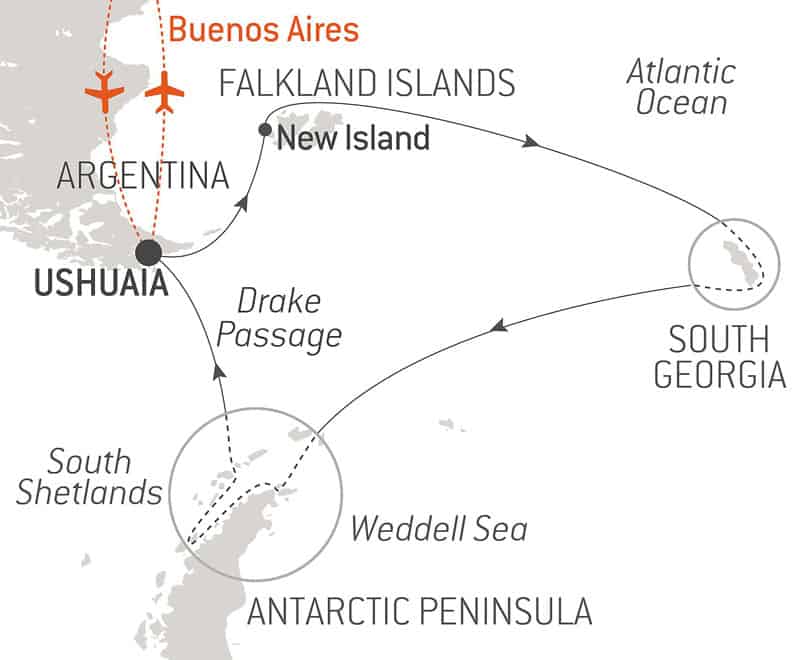Route map of Beyond the Polar Circle luxury Antarctica voyage, operating round-trip from Buenos Aires, Argentina, with embarkation & disembarkation in Ushuaia, Argentina, & visits to the Falkland Islands, South Georgia Island, the Antarctic Peninsula & an attempt to cross the polar circle.
