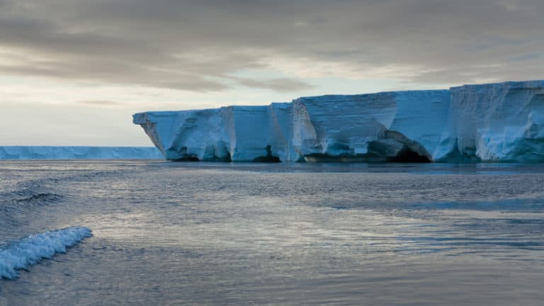 The brilliant blue Ross Ice Shelf with fading warm light, seen during the Spectacular Ross Sea: West Antarctica Cruise.