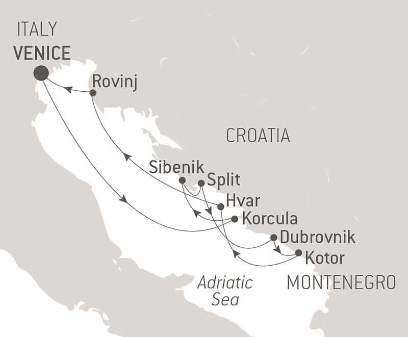 Route map of Best of Croatia luxury cruise, operating round-trip from Venice, Italy, with visits to Rovinj, Sibenik, Split, Hvar, Korcula, Dubrovnik & Kotor, Montenegro.