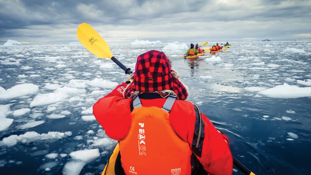Back of the front paddler in a tandem kayak, paddling in a group among icebergs during the Active & Wild Antarctica Air Cruise.