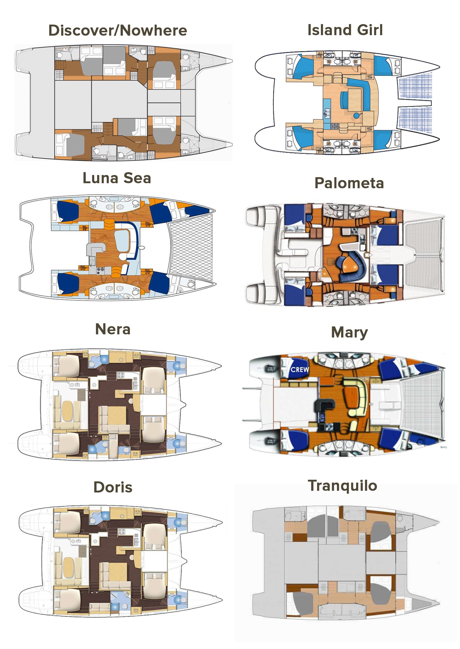 deck plans of 8 Belize sailing adventure catamaran charter options.