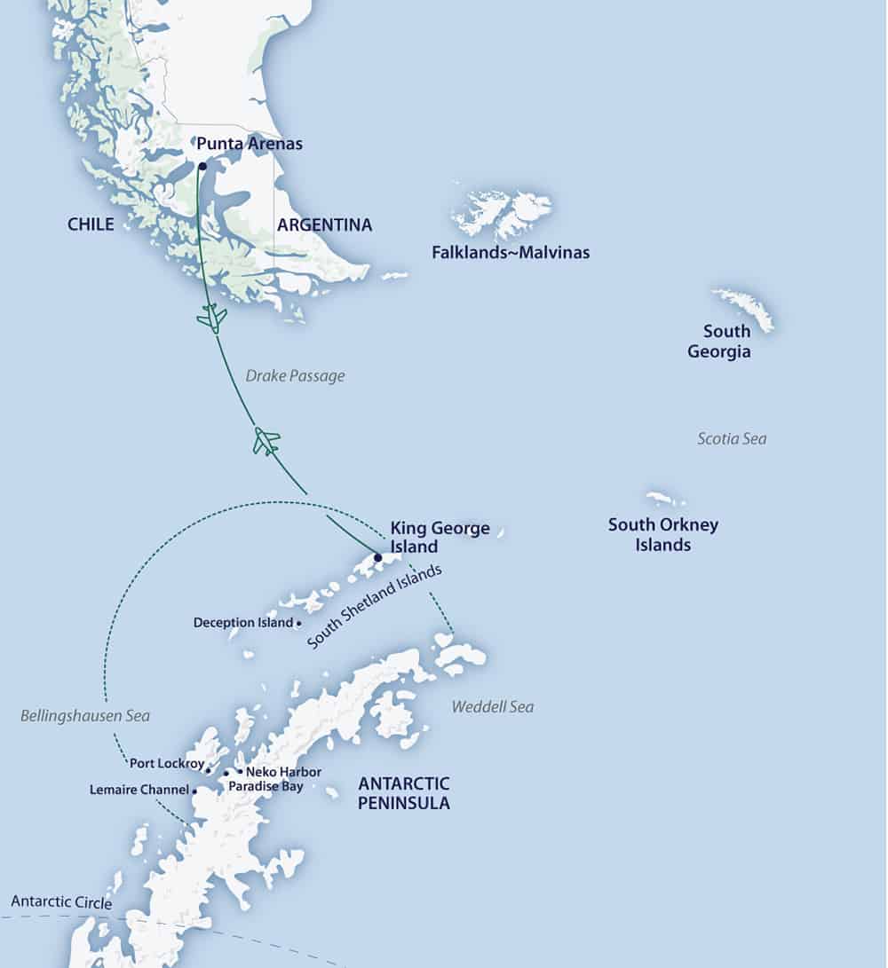 Route map of Fly/Fly itinerary of Active & Wild Antarctica Air Cruise, operating round-trip between Punta Arenas, Chile & King Georgia Island.