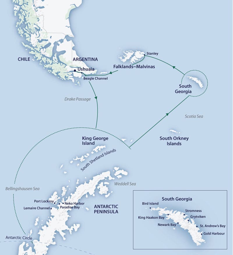 Route map of Antarctica Complete voyage, operating round-trip from Ushuaia, Argentina, with an attempt to cross the Antarctic Circle.