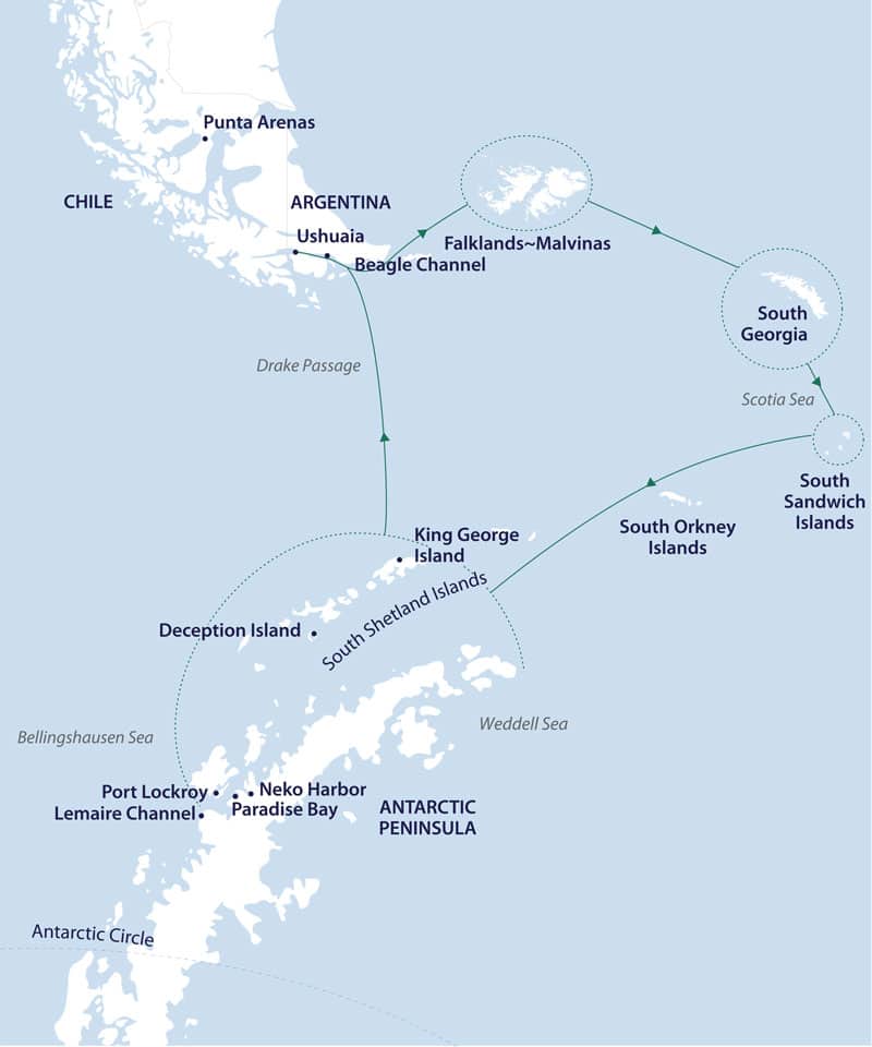 Route map of South Georgia & Antarctic Odyssey Featuring The South Sandwich Islands voyage, operating round-trip from Ushuaia, Argentina with visits to the Falklands, South Georgie, the South Sandwich Islands & Antarctic Peninsula.