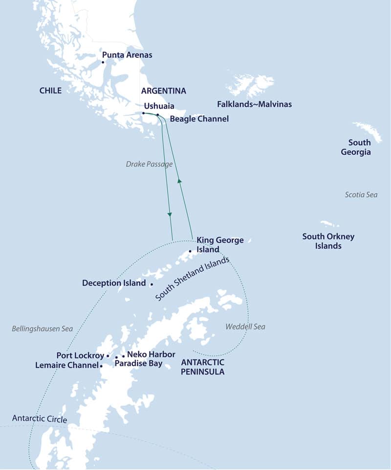 Route map of Circle & Weddell, a small ship cruise operating round-trip from Ushuaia, Argentina, to the South Shetland Islands, Antarctic Peninsula, Antarctic Circle & Weddell Sea.