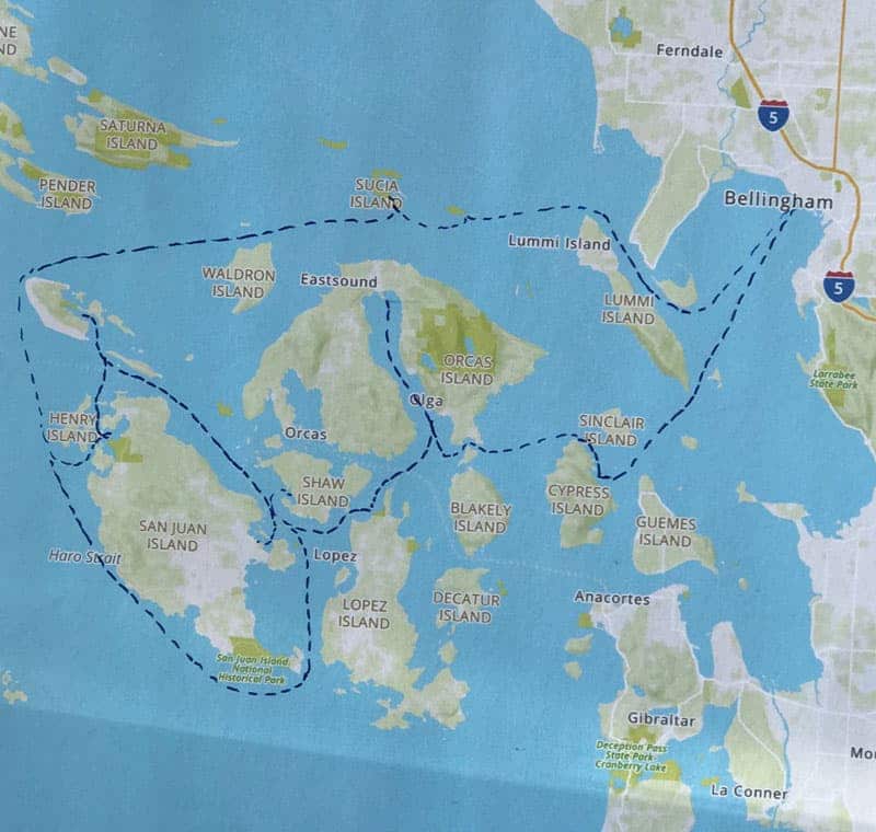 Route map of Voyage Through the San Juan Islands cruise, operating round-trip from Bellingham, Washington, with visits to various islands within the archipelago.