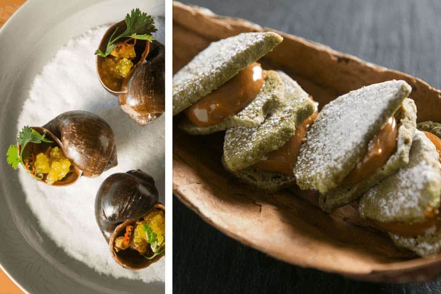 Green cookies with soft caramel beside a plate of stuffed snails, offered during Aqua's Aria and Aqua Nera Amazon River Cruises