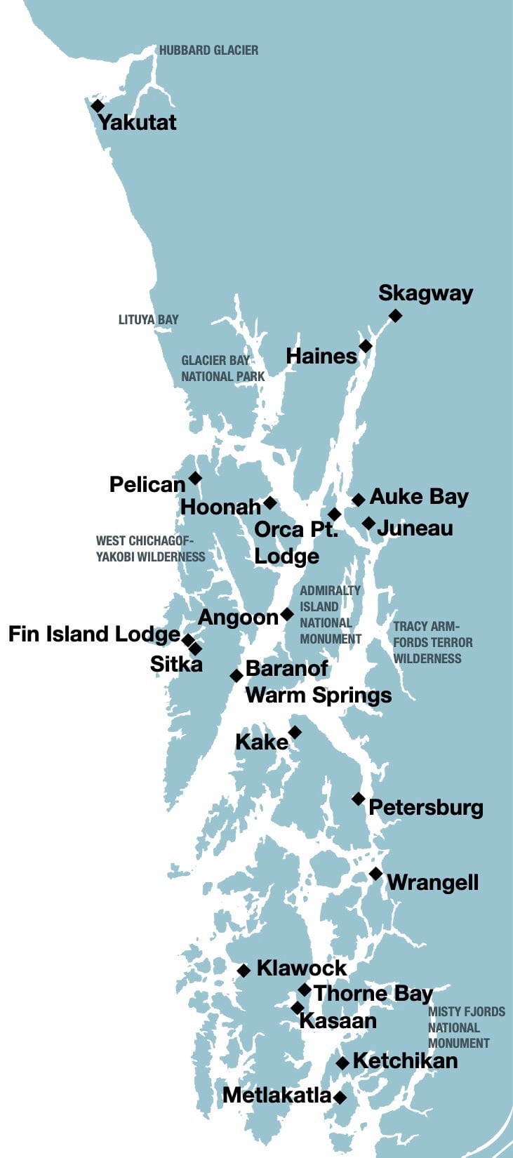 Route map of Alaska small ship cruises between Metlakatla and Yakutat, with markers on Pelican, Glacier Bay National Park, Lituya Bay, Disenchantment Bay, Hubbard Glacier, Skagway, Haines, Auke Bay, Juneau, Hoonah, Orca Point Lodge, Angoon, Fin Island Lodge, Sitka, Baranof Warm Springs, Kake, Petersburg, Wrangell, Klawock, Thorne Bay, Kasaan & Ketchikan.