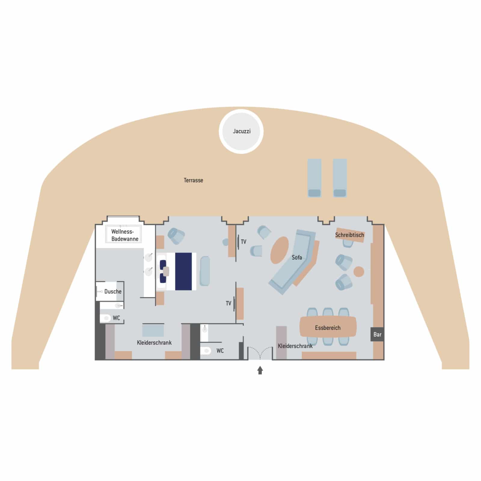 Layout of Owner’s Suite aboard Le Commandant Charcot hybrid electric ship with 2 large rooms, double bed, large couch & separate seating area, 2 bathrooms (1 with tub), walk-in closet, kitchen table & chairs, bar area & 3 doors to an extra-large wraparound balcony with a hot tub.