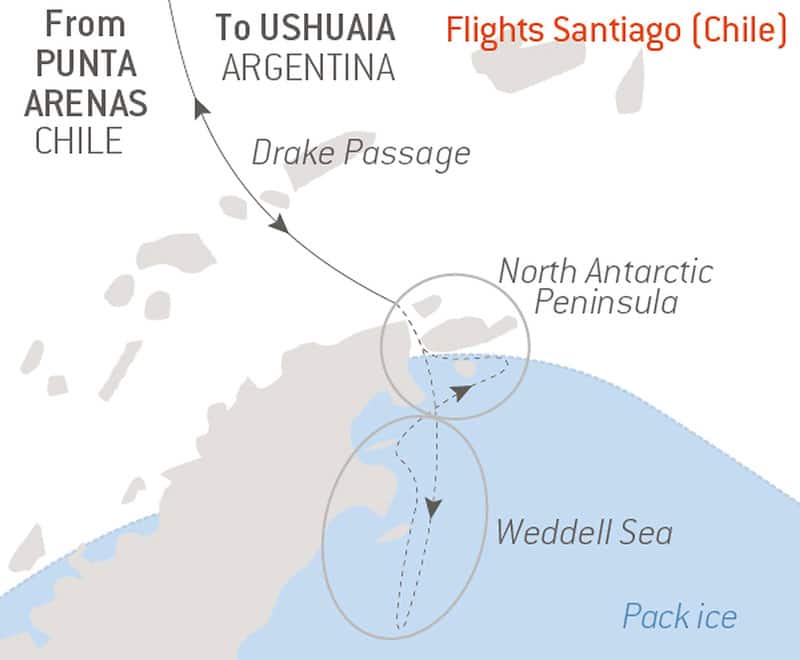 Route map of The 16-day Emperor Penguins of Weddell Sea Antarctica cruise aboard Le Commandant Charcot, from Punta Arenas, Chile, to Ushuaia, Argentina, with bookend flights via Santiago, Chile, and visits to the North Antarctic Peninsula & Drake Passage.