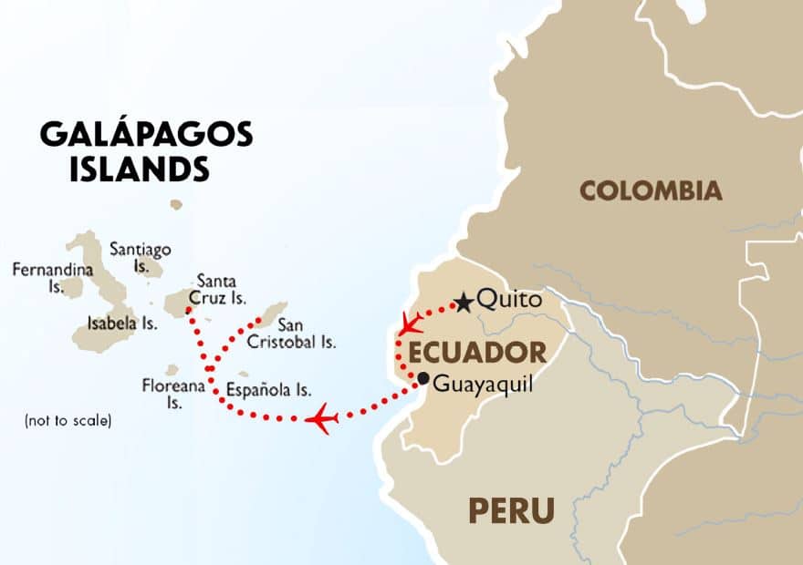 Karte der Galapagos-Inseln und der Westküste Südamerikas mit Kolumbien, Ecuador und Peru. Die rot gepunktete Linie mit dem roten Flugzeugsymbol zeigt die Flugroute, die in Quito, Ecuador, beginnt und auf den Galapagos-Inseln endet. 