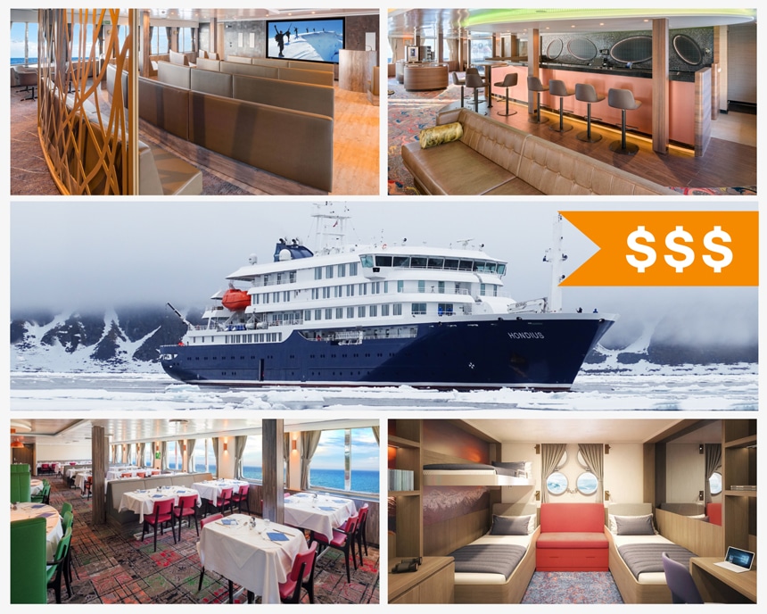 An orange price tag with 3 dollar signs on top of a collogue of images from a mid range Antarctica cruise, examples of cabin, lounge and dining room aboard Hondious expedition ship.