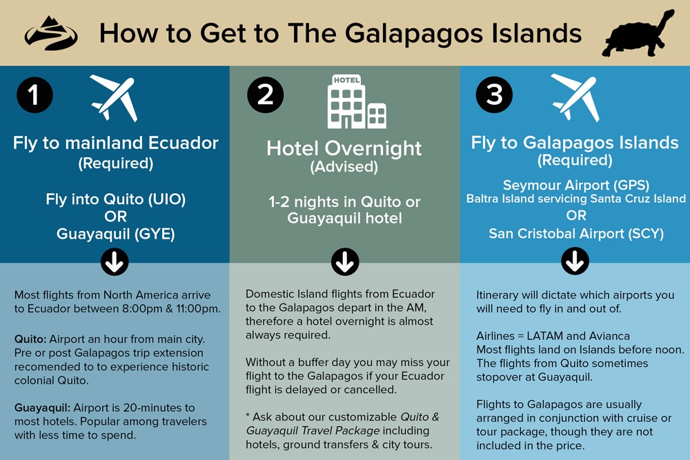 Infografica che descrive i tre passi per raggiungere le isole Galapagos. 1. Vola in Ecuador 2. Soggiorno in hotel 3. Vola alle isole Galapagos