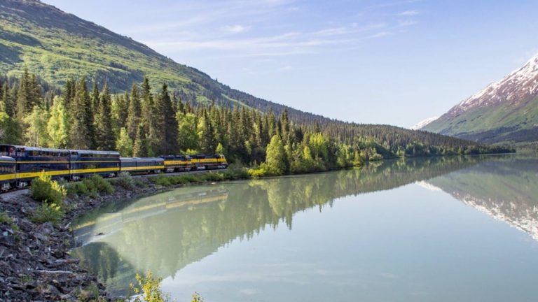 Alaska Railroad train moves beside glassy water, among forested hills on a sunny day, during a Kenai Peninsula land and sea tour.