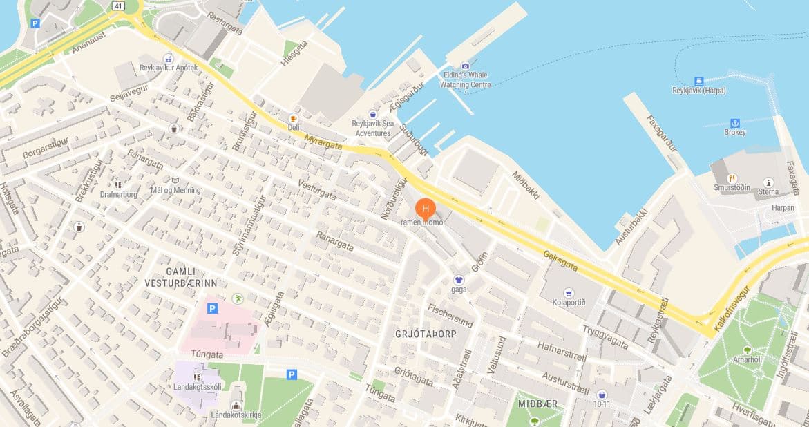Google map showing location of Exeter Hotel in Reykjavik, Iceland, near the water.