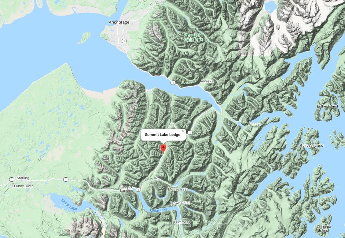 Google map showing location of Summit Lake Lodge, southeast of Anchorage, Alaska, near Moose Pass & Kenai & Skilak Lakes.
