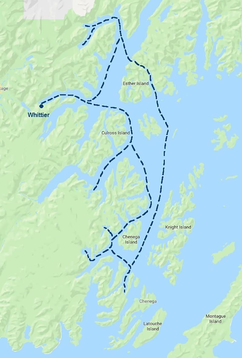 Route map of round-trip Whittier itinerary for Prince William Sound Cruise & Rail Adventure.