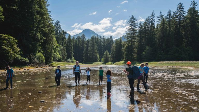 Group of kids & 2 adults hike through a shallow, muddy tidal outwash surrounded by forest on a sunny day during an Alaska family cruise.