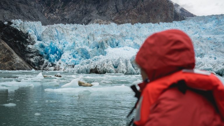 Alaska traveler in bright red jacket looks at seals swimming beside a large blue glacier during the Wild & Wooly Alaska Cruise.