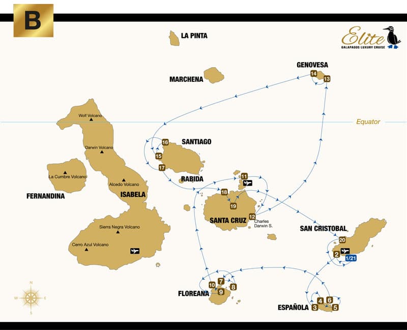 Route map of the 8-day Eastern Elite Galapagos cruise with visits to San Cristobal, Espanola, Floreana, Baltra, Santa Cruz, Genovesa & Santiago islands.