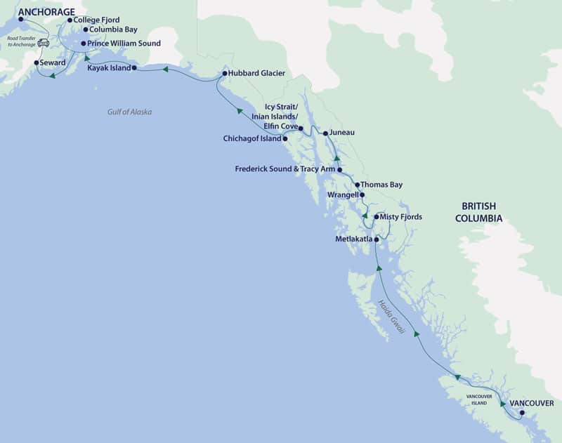 Route map of Alaska Odyssey cruise, operating from Vancouver, Canada, to Seward, Alaska, with visits along Canada's & Alaska's Inside Passages, the Gulf of AK & Prince William Sound.