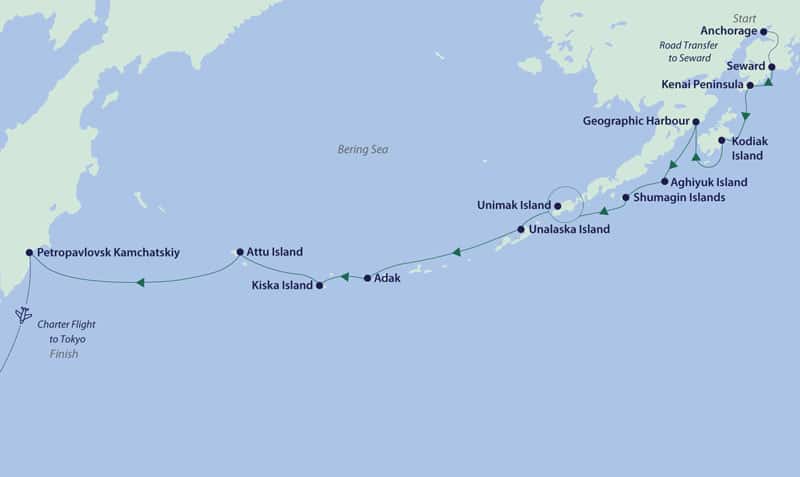Route map of Aleutian Islands Odyssey, an Alaska to Japan cruise, from Anchorage, Alaska, to Tokyo, Japan, with visits to Kenai & Katmai National Parks, Kodiak Island, Aleutian Island travel & Russia.