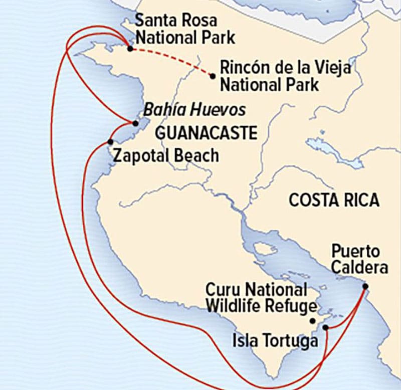 Map of Wild Costa Rice Escape: Guanacaste cruise around the west coast of Costa Rica.