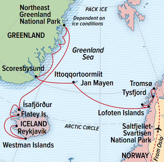 Route map of East Greenland: Wild Shores of the High Arctic cruise from Oslo, Norway, to Reykjavik, Iceland.