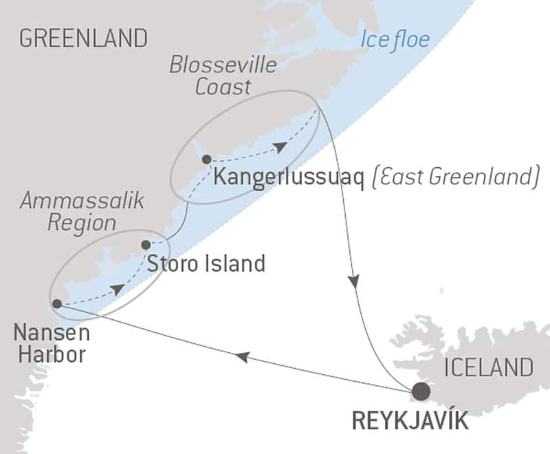 Route map of Encounters With The Inuit & Spring Traditions voyage round-trip from Reykjavik, Iceland with visits along the northeast Greenland coast.