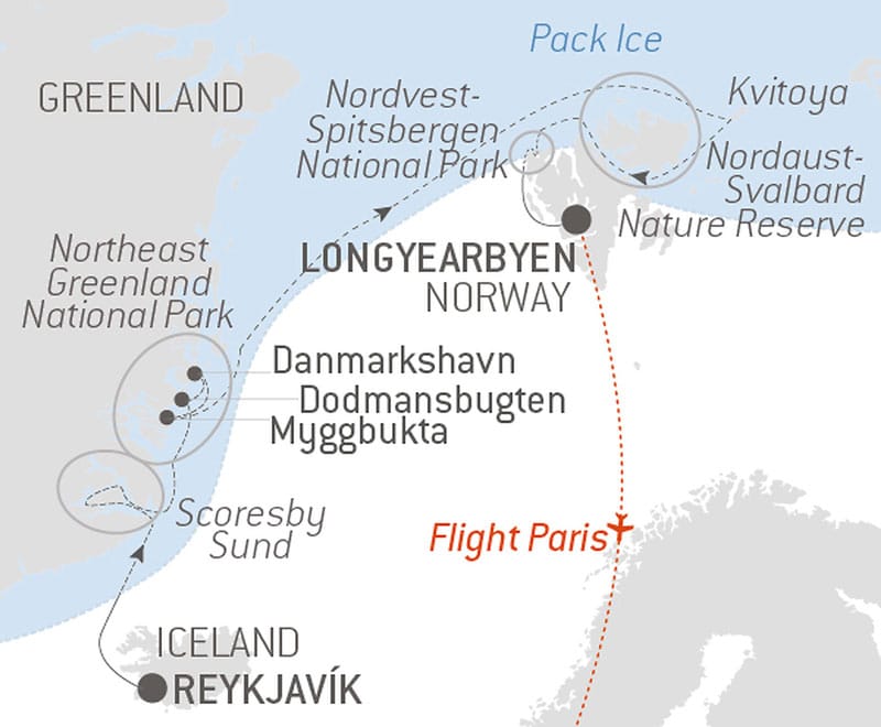 Route map of In The Ice of The Arctic, From Greenland to Svalbard voyage from Reykjavik, Iceland to Longyearbyen, Spitsbergen with a charter flight to end in Paris, France.