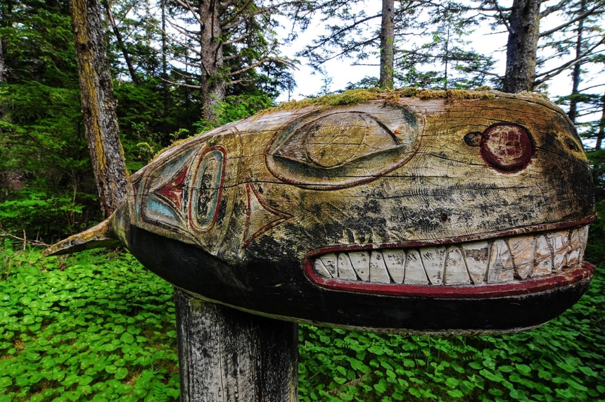 A carved wooden totem of a whale found in a green lush forest hike in Alaska. 