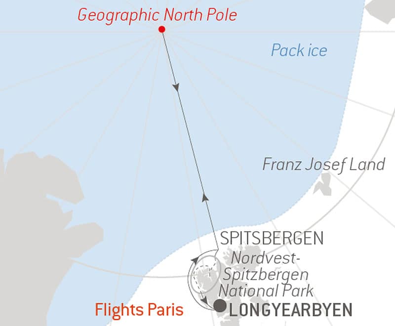 Route map of 18-day The Geographic North Pole voyage aboard Le Commandant Charcot, operating round-trip from Paris, France with embarkation & disembarkation in Longyearbyen, Svalbard & a visit to Nordvest-Spitsbergen National Park.