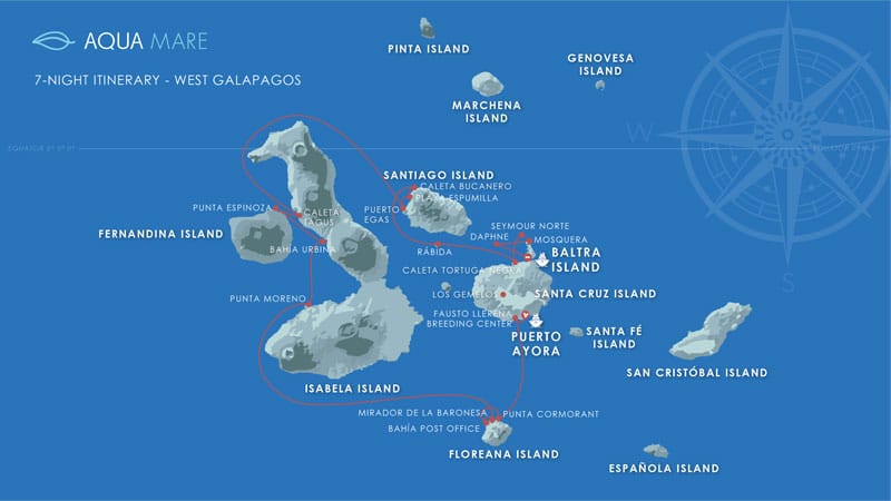 Route map of Aqua Mare West Galapagos Cruise from Santa Cruz to Baltra with visits to Floreana, Isabela, Fernandina, Santiago, Rabida, North Seymour & Mosquera Iselt.