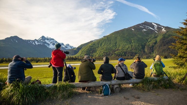 Alaska travelers sit on a log and photograph across a bright green field with lush green mountains in the background on a sunny day.