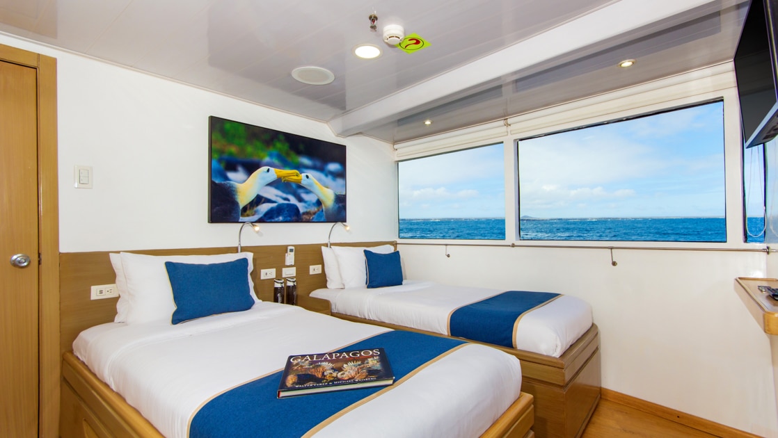 2 twin beds with white & blue linens in light-wood-accented cabin with view windows & TV on Calipso yacht in Galapagos.