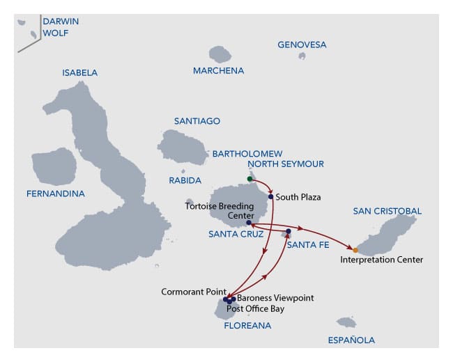 Route map of 4-day Naturalist Calipso Galapagos Cruise, round-trip from Baltra to San Cristobal, with visits to South Plaza, Floreana, Santa Fe and Santa Cruz islands.