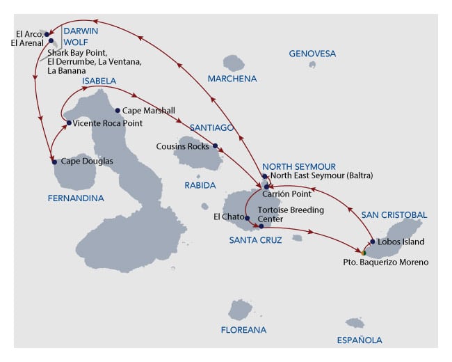 Route map of 8-day Diving Calipso Galapagos Cruise, round-trip from San Cristobal with goals to visit Lobos, Santa Cruz, Baltra, Wolf, Darwin, Isabela, Fernandina and Santiago islands.