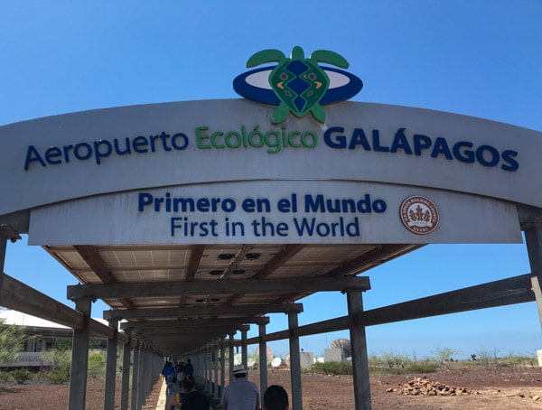 Sign at Baltra Galapagos airport saying first in the world