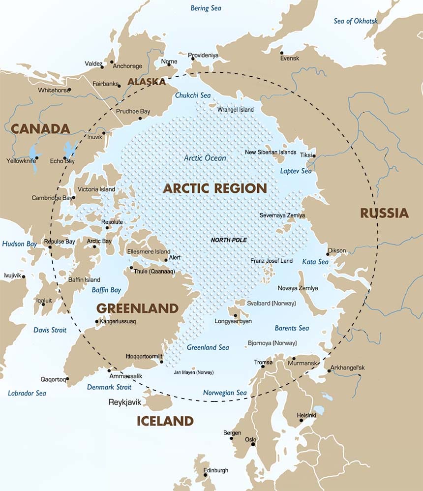 A map showing the Arctic cruise region with the Arctic Circle shown in a dotted line and Russia, Greenland, Canada, Iceland and other countries depicted in beige.