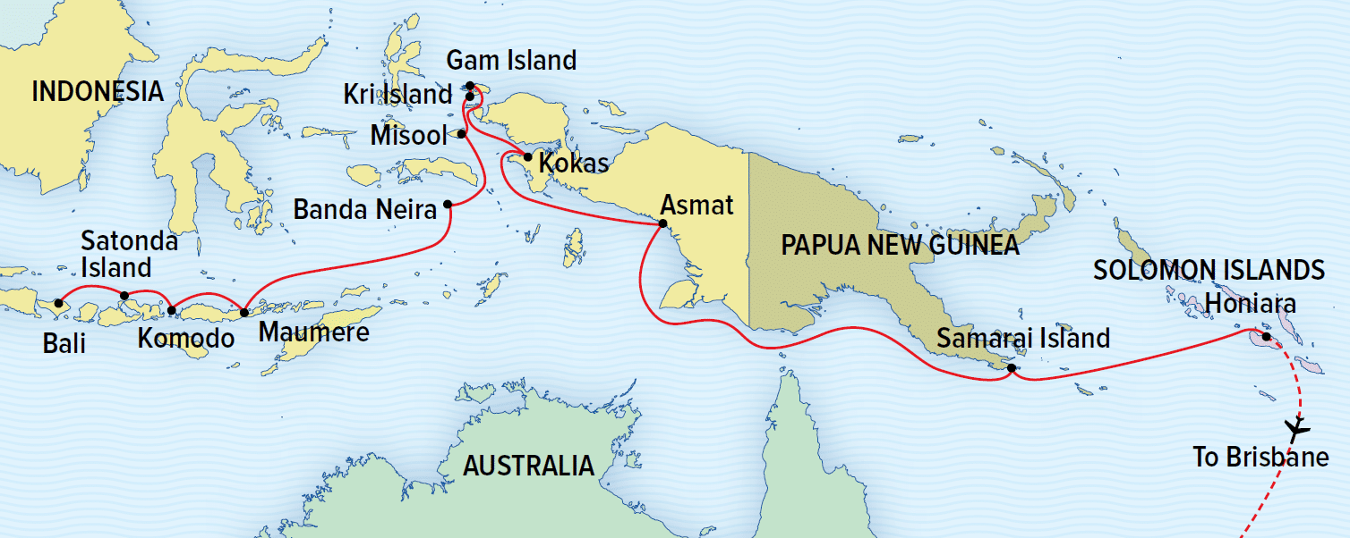 Route map of National Geographic cruise Exploring Indonesia: Bali, Raja Ampat & Papua New Guinea, operating between Bali & Brisbane, Australia.