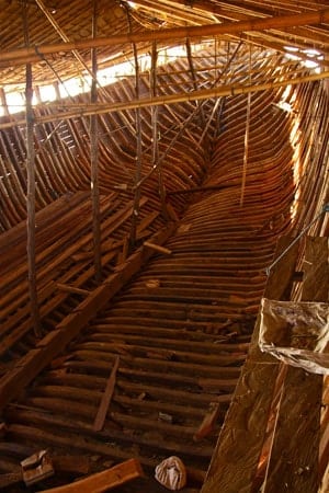 View of a skeleton of a boat in Indonesia.