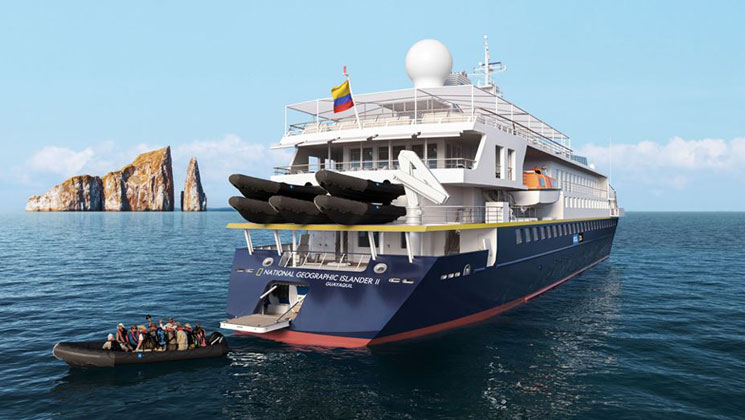 Rendering of aft of Nat Geo Islander II Galapagos expedition ship, with wooden swim step & guests leaving by Zodiac.