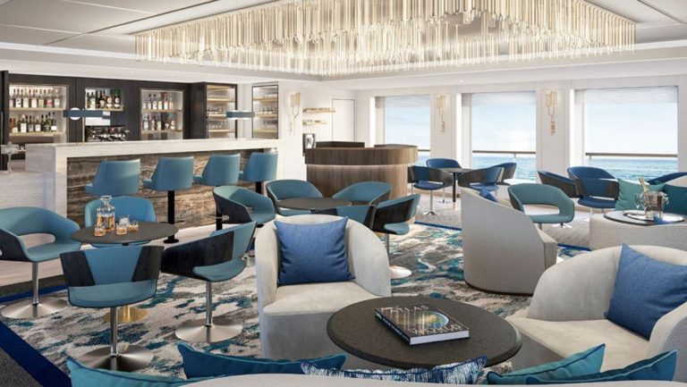 Rendering of window-lined forward Cove on Nat Geo Islander II Galapagos ship with modern blue & beige decor & crystal lights.