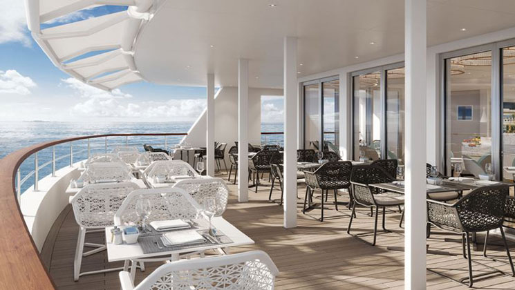 Rendering of aft al fresco patio dining area on Nat Geo Islander II Galapagos ship with airy black & white tables for 2 & 4 guests.