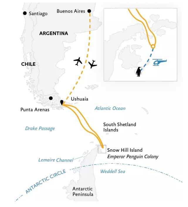 Route map of Emperor Penguin Quest Antarctica voyage sailing round-trip from Ushuaia, Argentina, with a visit to Snow Hill, bookended by round-trip Buenos Aires flights.
