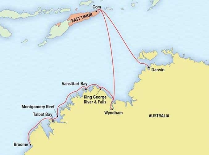 Route map of Nat Geo Kimberley Expedition cruise between Darwin & Broome with visits to Talbot Bay, Montgomery Reef, Vansittart Bay, King George River & Falls, Wyndham & Com, East Timor.