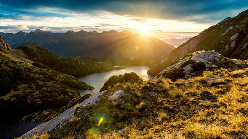 Unique sunrise view in the mountains of Fiordland, New Zealand.