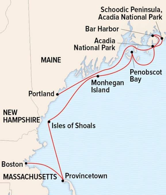Route map of Exploring Coastal Maine cruises between Boston, Massachusetts & Portland, Maine with visits to Cape Cod, Isles of Shoals, Acadia National Park, Bar Harbor & more.